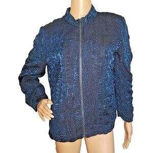 Chicos Full Zip Dressy Jacket Crinkle Mock Neck Long Sleeve Pockets Blue 2   T48